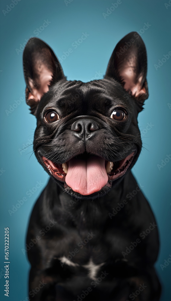 Fototapeta premium Happy close-up portrait of a smiling French Bulldog against a blue background