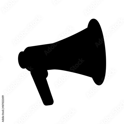 A bold black silhouette of a megaphone, vector illustration, announcement icon