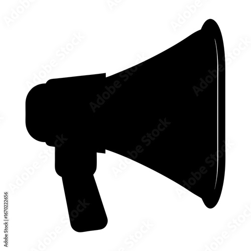 A solid black megaphone used for announcements and loud voice communication