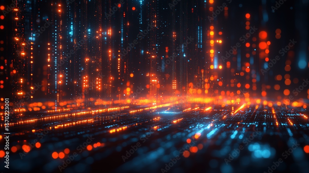 Obraz premium Abstract Digital Particles Background with Orange and Blue Lights