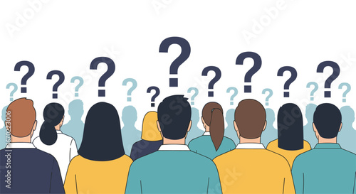 A large group of diverse people are shown from behind with many question marks above their heads signifying uncertainty confusion or a need for answers
