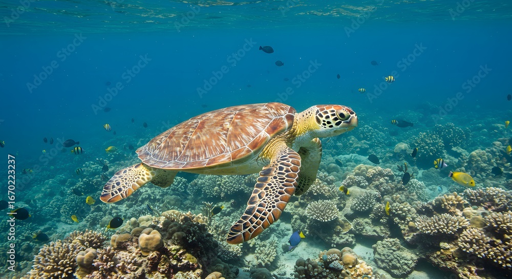 Fototapeta premium Sea turtle swimming over coral reef