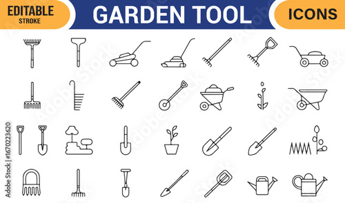 Hand-drawn Line Icons of Gardening Tools for Landscape Projects