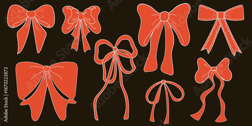 Bow doodle set. Various gift ribbons. Hand drawn isolated vector illustration.