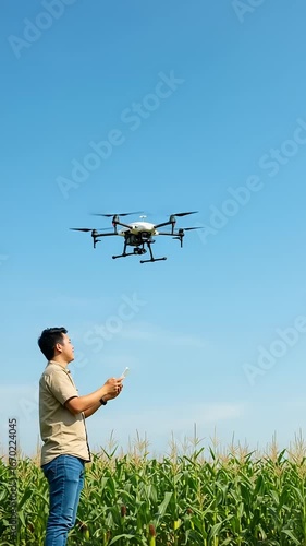 Man flying drone over green fields under blue sky