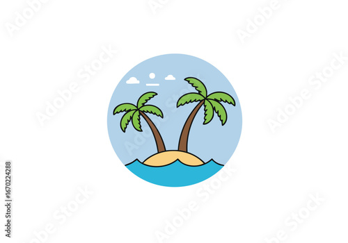 A circular graphic depicting a tropical island with two palm trees under a cloudy sky.