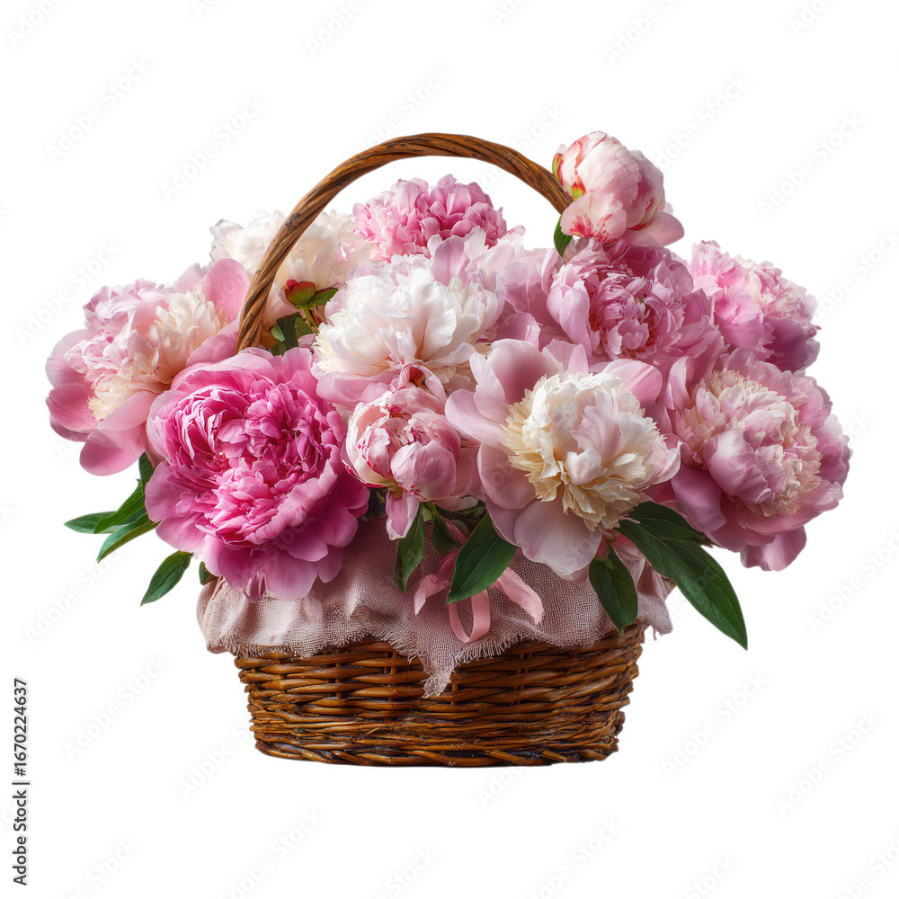 Obraz premium Beautiful Elegant Peony Flower Arrangement in Basket in Transparent Background