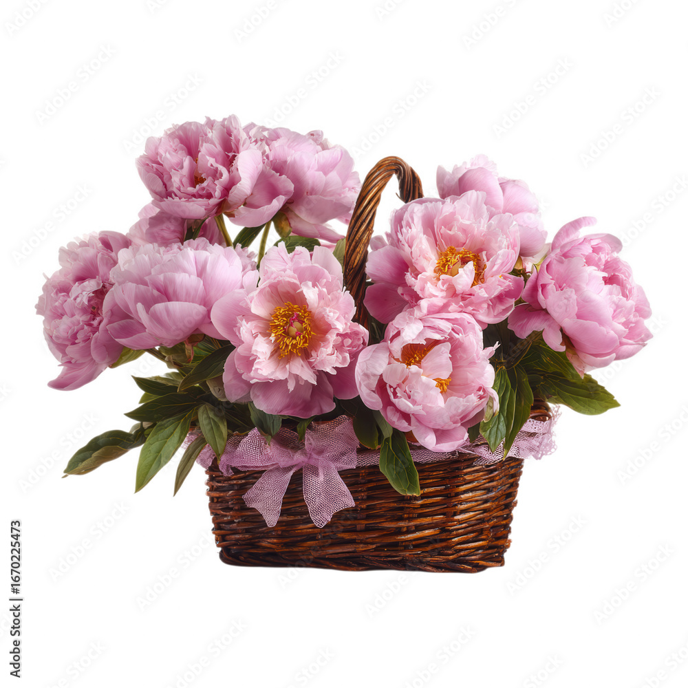 Obraz premium Beautiful Elegant Peony Flower Arrangement in Basket in Transparent Background