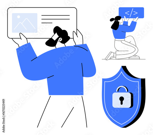 Developer holding interface design, another writing code. Shield with lock symbolizes security. Ideal for web development, coding, data protection, teamwork, user interface, digital safety simple