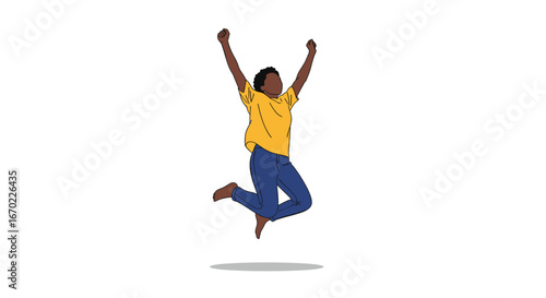 Energetic young adult celebrating with arms raised high in a joyful and triumphant leap during a moment of pure elation