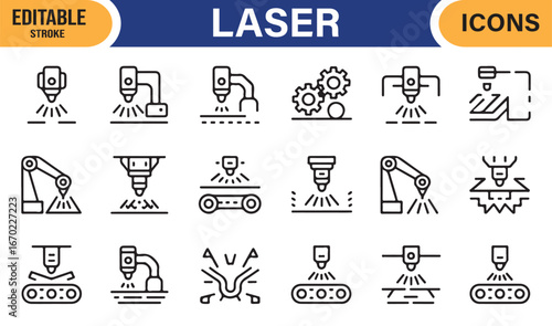 Set of laser machines and tools icons, editable stroke style.