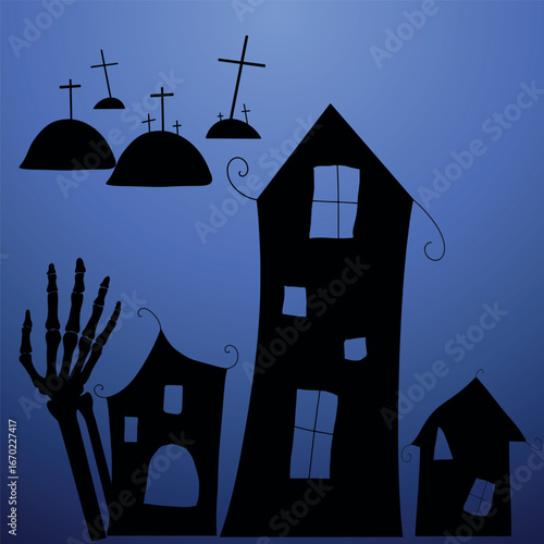 Spooky vector illustration of a haunted house with crosses, cemetery, and creepy hand silhouette. Perfect for Halloween party invitations, posters, and seasonal decorations