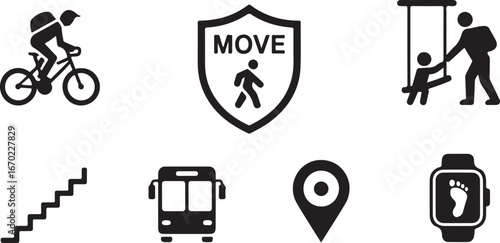 Solid style icons of urban active living bike to work, stair climbing icon, walking commute, park workout, transit and steps, active lifestyle badge, walkability score, step count tracker