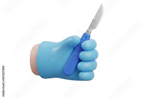3D Cartoon Medical Hand in Blue Glove Holding Surgical Scalpel