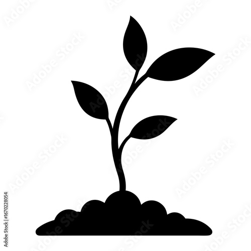 Simple black seedling sprouting from soil with leaves illustration on white background