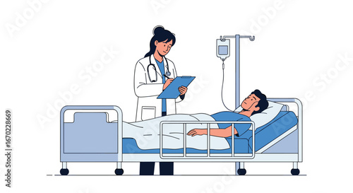Doctor consults patient lying in hospital bed receiving intravenous treatment and taking notes