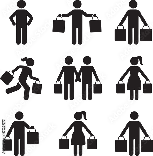 Stick figure male and female holding shopping bags vector icon pictogram. Seasonal sale, black friday happy people with purchase on white background