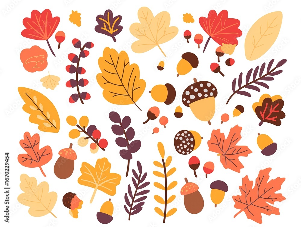 Fototapeta premium Colorful autumn elements with varied leaves, acorns and berries on white background, ideal for seasonal designs and nature themes