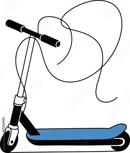 Dynamic vector illustration of an urban scooter drawn with a single continuous line, with a blue deck and black wheels.