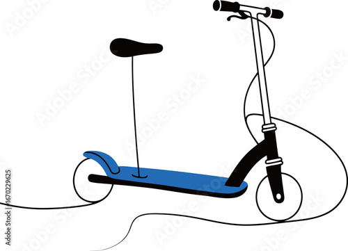 Continuous one line art of an electric scooter with a blue deck and seat, representing modern urban transportation and technology.