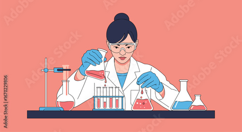Young female scientist engaged in chemistry experimentation in a modern laboratory setting conducting research
