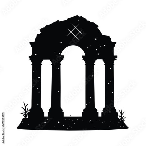  ancient ruined arch with moss covered columns glo