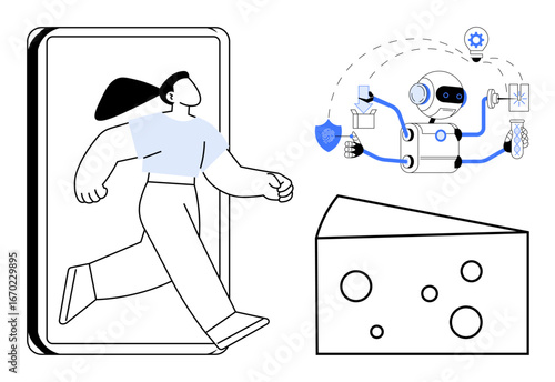 Woman emerging from tablet signifies digital interaction robot assistant multitasks with tech tools triangular cheese slice adds a playful twist. Ideal for technology, AI, multitasking, innovation