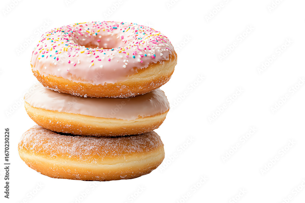 custom made wallpaper toronto digitalThree delicious donuts stacked, showcasing pink frosting and sprinkles, on a white isolated background.