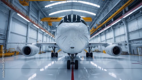 Large passenger airplane inside spacious maintenance hangar with bright lighting and industrial cranes, aviation engineering and aerospace industry