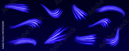 Bright blue energy lines twist and spiral across a transparent background. Modern abstract design inspired by motion and speed. Perfect for high-tech themes.