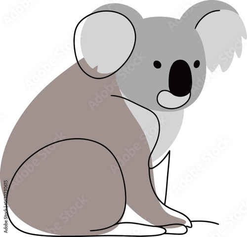 Minimalist continuous one line art of a koala bear with a black nose and shades of gray and brown on its body.