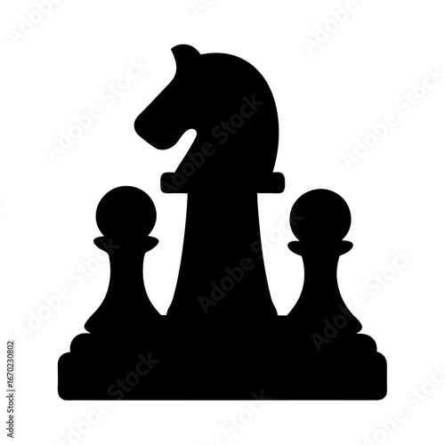 Bold chess piece silhouette of knight flanked by pawns on pedestal