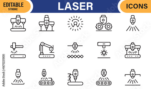 Editable vector icons for laser machines and equipment.