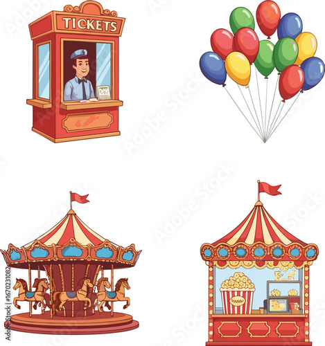 Cartoon carnival elements, ticket booth, balloons, carousel, popcorn stand, festive fairground scene, playful amusement park vector illustration for kids entertainment