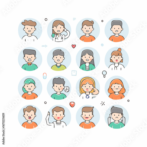 Outline vector icon set of human sickness expressions: headache, toothache, stomachache, and fever. Clean minimal stroke design for medical projects.

