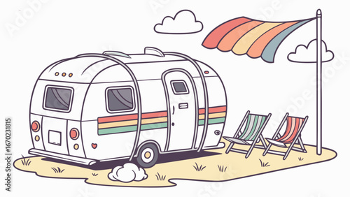 Retro Travel Trailer Outdoor Setup with Rainbow Awning and Lounge Chairs