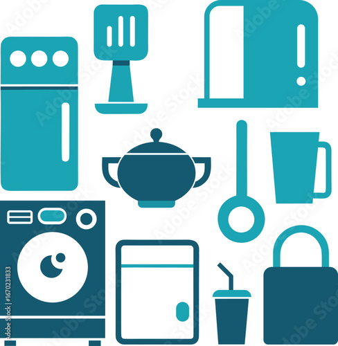 Collection of kitchen appliances and utensils silhouette isolated on white background
