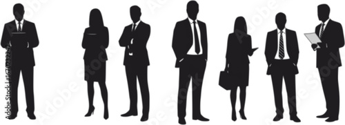 Vector silhouettes of men and a women, a group of standing business people, black color isolated on white background
