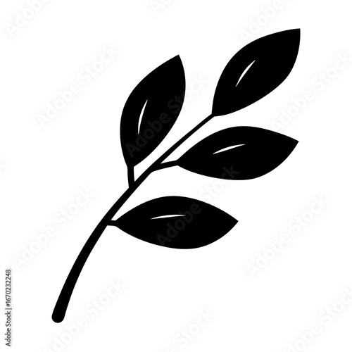 Simple Black Silhouette of a Branch with Five Leaves on a White Background