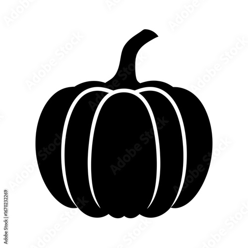 Simple black and white silhouette illustration of a plump pumpkin for harvest time