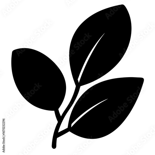 Stylized Black Silhouette of a Branch with Three Elliptical Leaves