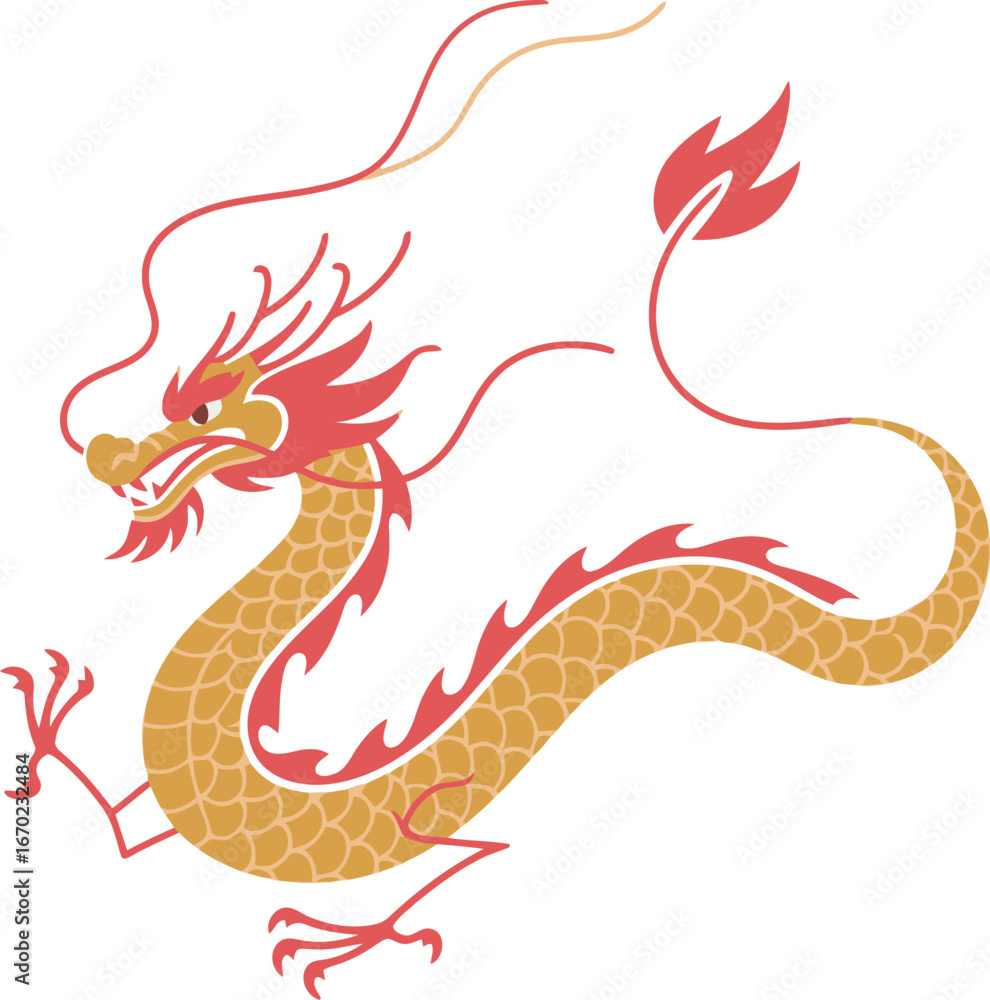 Obraz premium Majestic vector illustration of a traditional Chinese dragon with a golden body and red accents, a symbol of power and culture.
