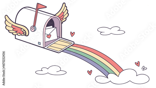 Whimsical Winged Mailbox Delivering a Love Rainbow with Floating Hearts