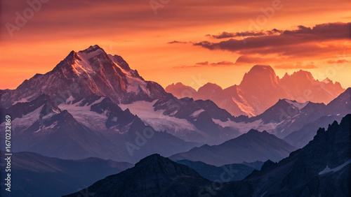 Majestic mountain range bathed in the warm glow of a vibrant sunset