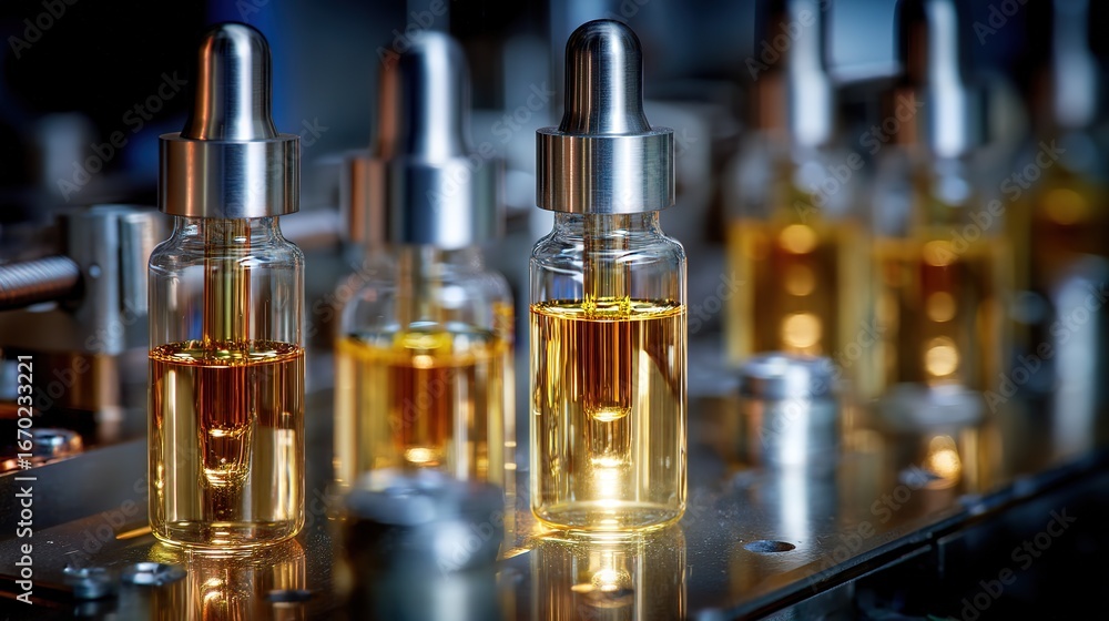 Naklejka premium Glass dropper bottles with golden liquid and silver caps on reflective production line, skincare or essential oil manufacturing