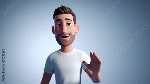 Animated Man Waving Hello on Light Blue Background