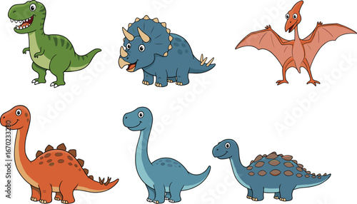 Cartoon dinosaurs, Tyrannosaurus rex, Triceratops, Pteranodon, Stegosaurus, Brachiosaurus, Ankylosaurus, cute prehistoric animals, playful vector illustration for kids education