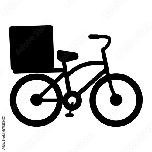 Black silhouette image of bicycle with delivery box, indicating food service