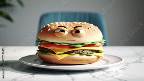 Animated Burger with a Grumpy Expression