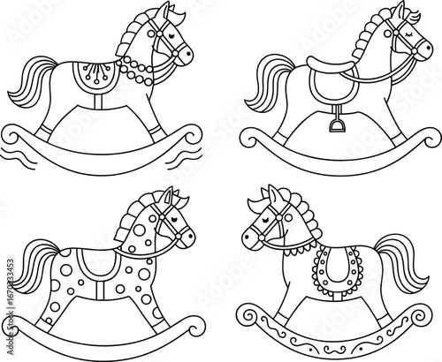 Rocking horse vector set, vintage toy illustration, decorative wooden horse design, children’s playroom decor, nostalgic childhood icon, whimsical animal artwork, isolated clipart